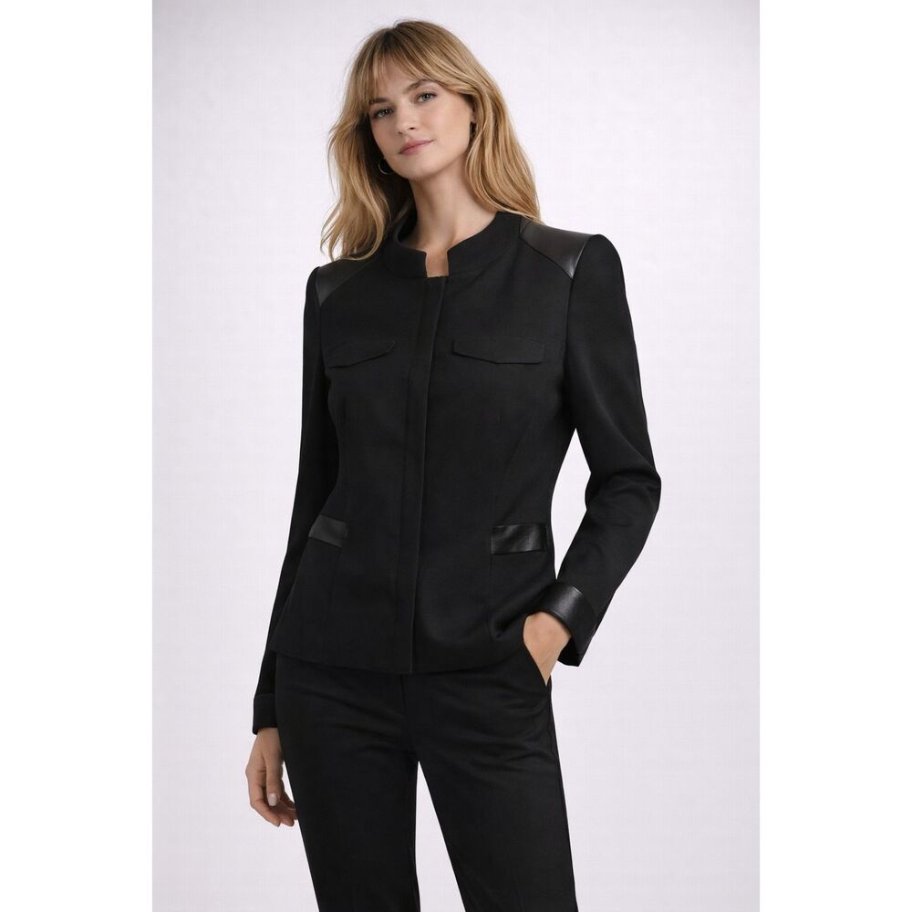 Lafayette 148 New York Black Jacket with Leather Trim – Size 16